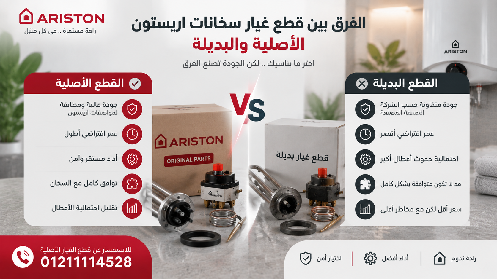 الفرق بين قطع غيار سخانات اريستون الأصلية والبديلة