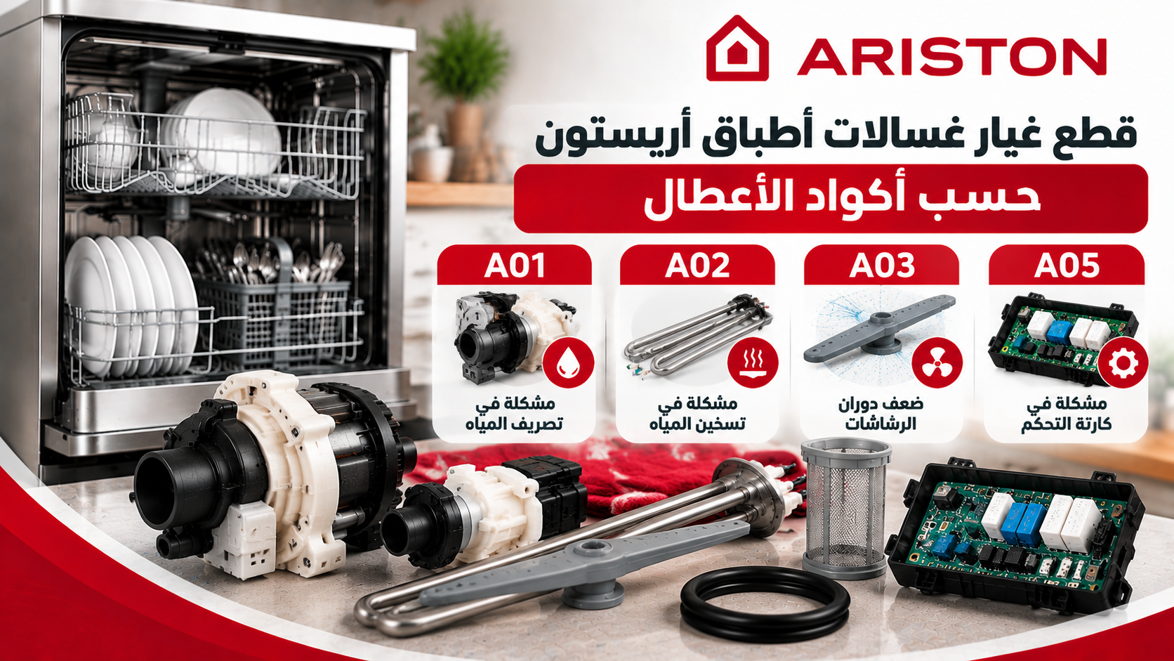 قطع غيار غسالات أطباق أريستون حسب أكواد الأعطال